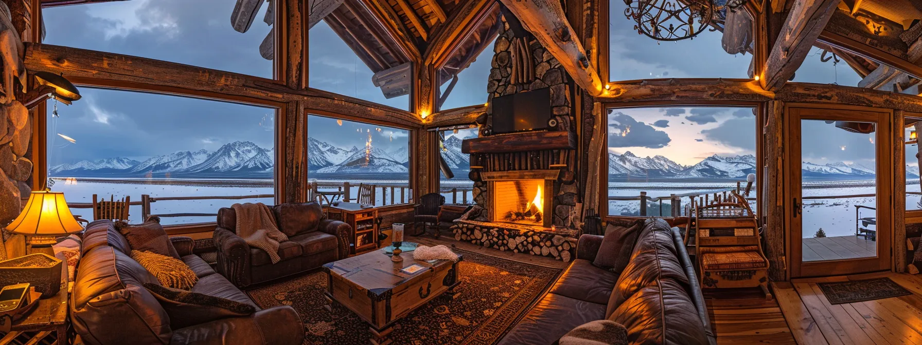a cozy, rustic cabin interior in wyoming, warmly lit by a crackling fireplace, features inviting wooden furnishings and panoramic windows that frame expansive views of the snow-capped mountains beyond, perfect for a secluded getaway.