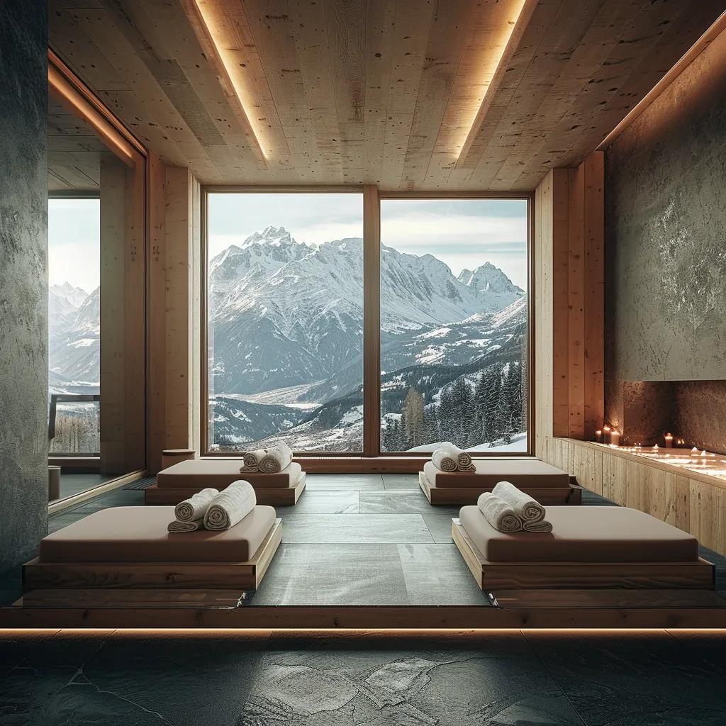 a luxurious mountain retreat interior exuding wellness, featuring elegantly designed spa facilities with panoramic floor-to-ceiling windows showcasing breathtaking mountain vistas.