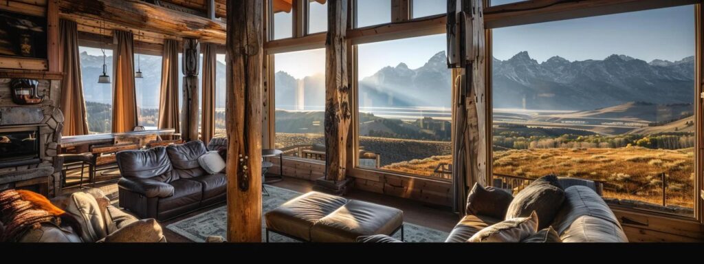 a cozy, upscale lodge interior in wyoming, featuring rustic wooden beams, elegant furnishings, and a breathtaking view of the mountainous landscape visible through large, panoramic windows, inviting guests to unwind in a luxurious retreat.