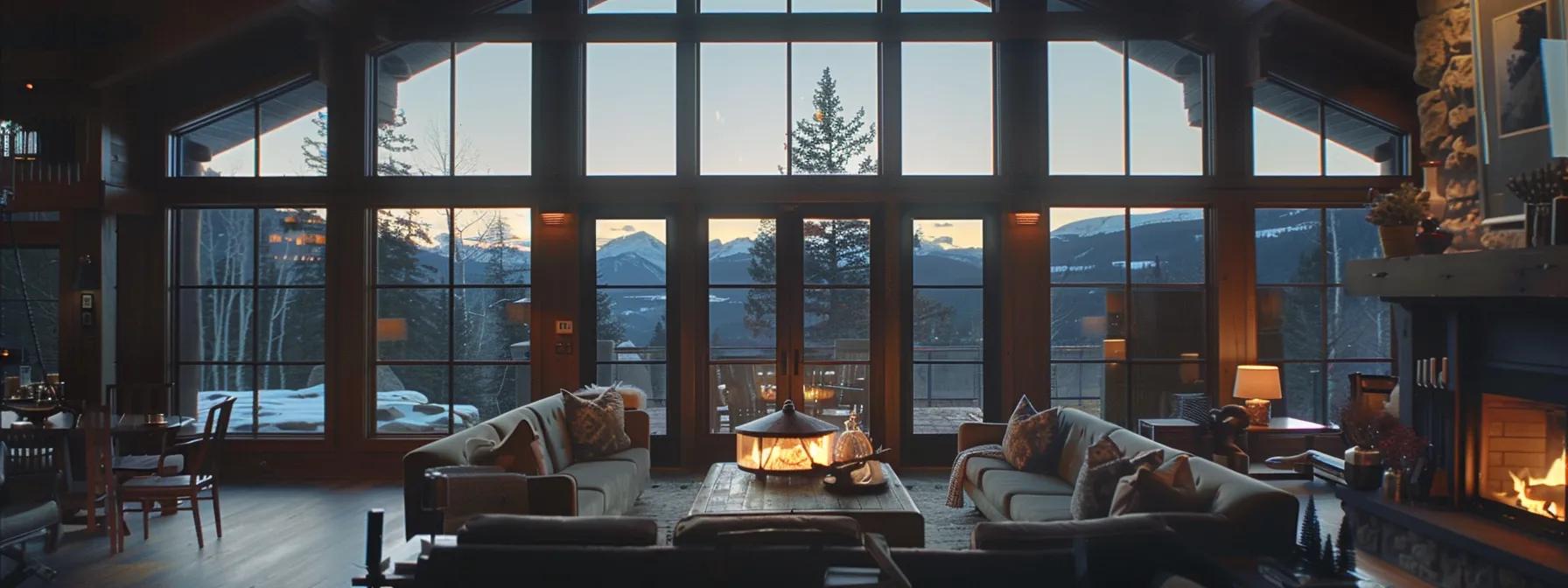 a luxurious lodge interior at 66 mountain retreat features spacious, elegantly rustic design elements with large picture windows framing breathtaking mountain views, blending modern amenities with warm, inviting furnishings in an upscale, cozy atmosphere.