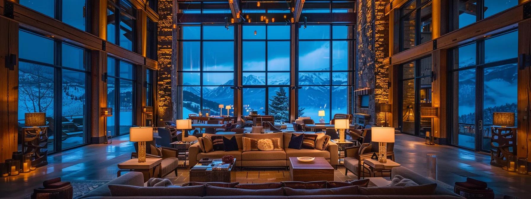 a luxurious lodge interior at a mountain retreat, featuring elegant furnishings, expansive windows showcasing breathtaking mountain views, and guests engaging in personalized wellness and adventurous activities, all under warm, ambient lighting.