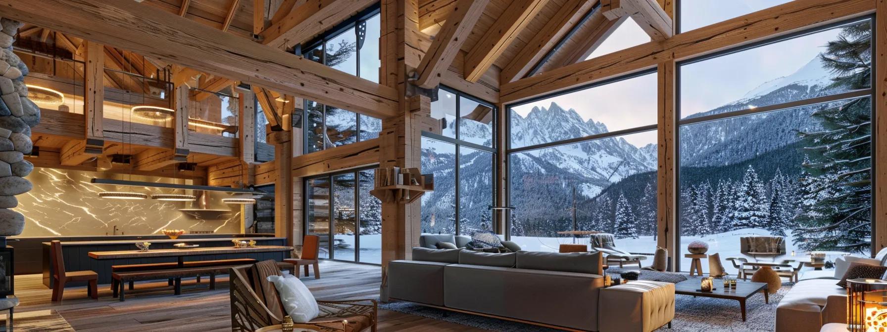a luxurious mountain retreat featuring spacious timber-framed interiors with high ceilings, panoramic windows revealing majestic mountain vistas, and inviting communal areas designed for relaxation after outdoor adventures.