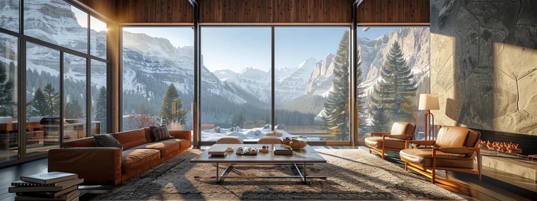 a luxurious mountain retreat interior, featuring elegant rustic decor and expansive windows showcasing breathtaking views of wyoming's rugged peaks, highlighting a blend of adventure and comfort.