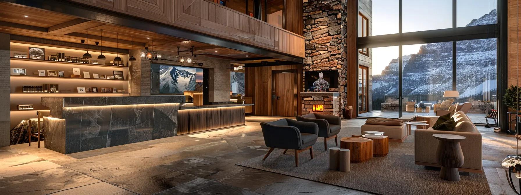 a modern, cozy interior of a luxurious mountain retreat, featuring a well-organized welcome area with pre-arrival planning materials, stunning views of rugged mountains through large windows, and a stylish concierge desk ready to assist guests with personalized itineraries and amenities for their upcoming stay.
