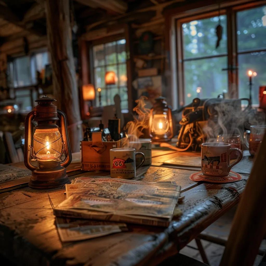 a cozy, rustic cabin interior at 66 mountain retreat, featuring a large wooden table strewn with maps, hunting gear, and steaming mugs, set against a backdrop of warmly glowing lanterns reflecting off the exposed wooden beams.
