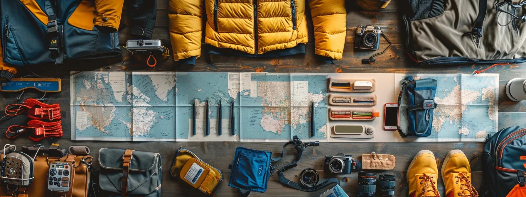 a well-organized indoor packing station displays a variety of layered outdoor clothing, essential adventure gear, and high-tech navigation devices, set against the backdrop of a bustling travel planning environment with maps and guides spread across a modern wooden desk.
