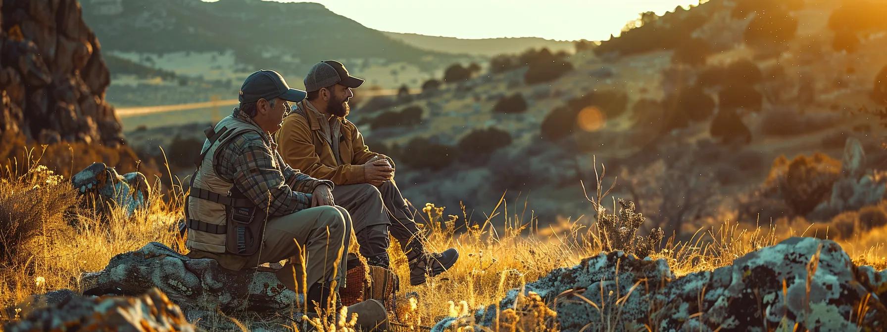 a dynamic urban setting showcases a seasoned hunter sharing insights with a local guide amidst a backdrop of rugged terrain and wildlife, symbolizing collaboration and expertise in navigating complex landscapes.