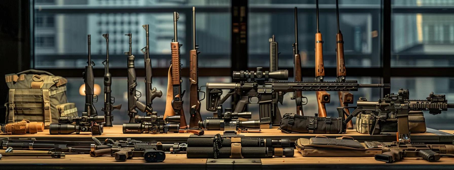 a meticulously arranged display of high-quality hunting equipment, including rifles, scopes, and gear, set against a sleek urban backdrop that emphasizes precision and preparedness for adventure.