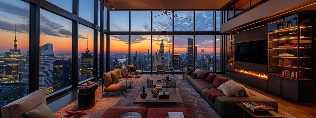 an elegantly furnished luxury penthouse with panoramic city views at sunset, showcasing sophisticated décor and plush amenities that redefine high-end travel experiences.