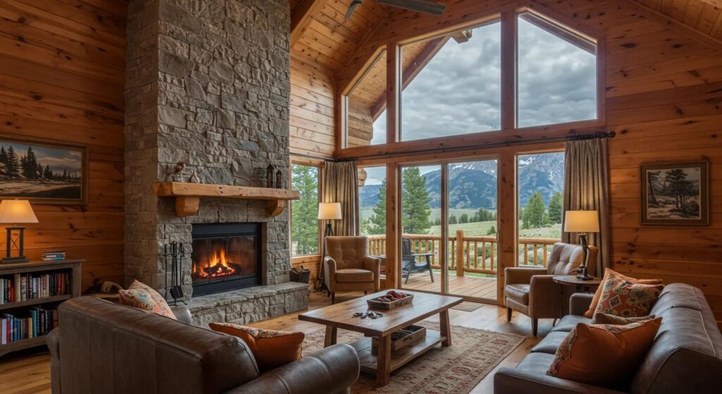 a luxurious cabin interior with a cozy fireplace, panoramic mountain views through large windows, and rustic wooden furnishings, capturing the essence of a serene wyoming getaway.