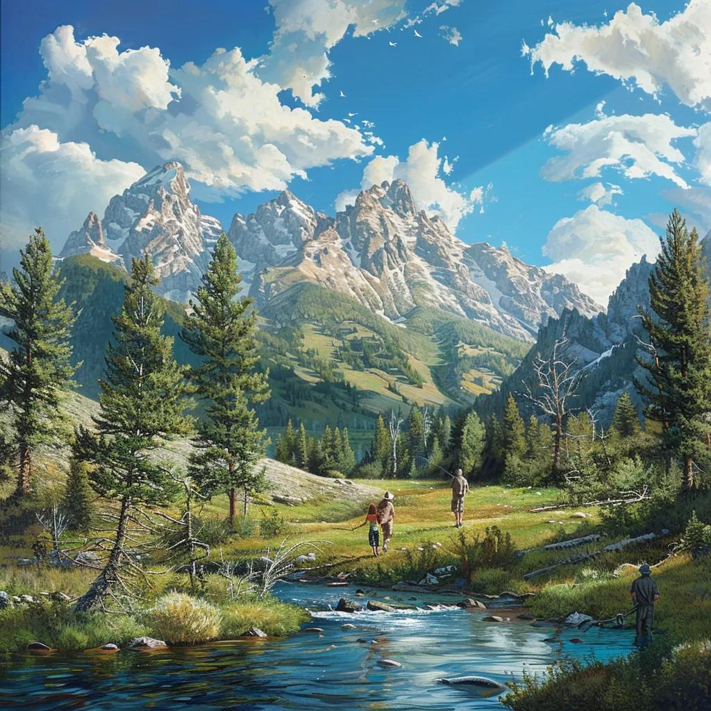 Family enjoying outdoor adventures in a serene Wyoming mountain landscape