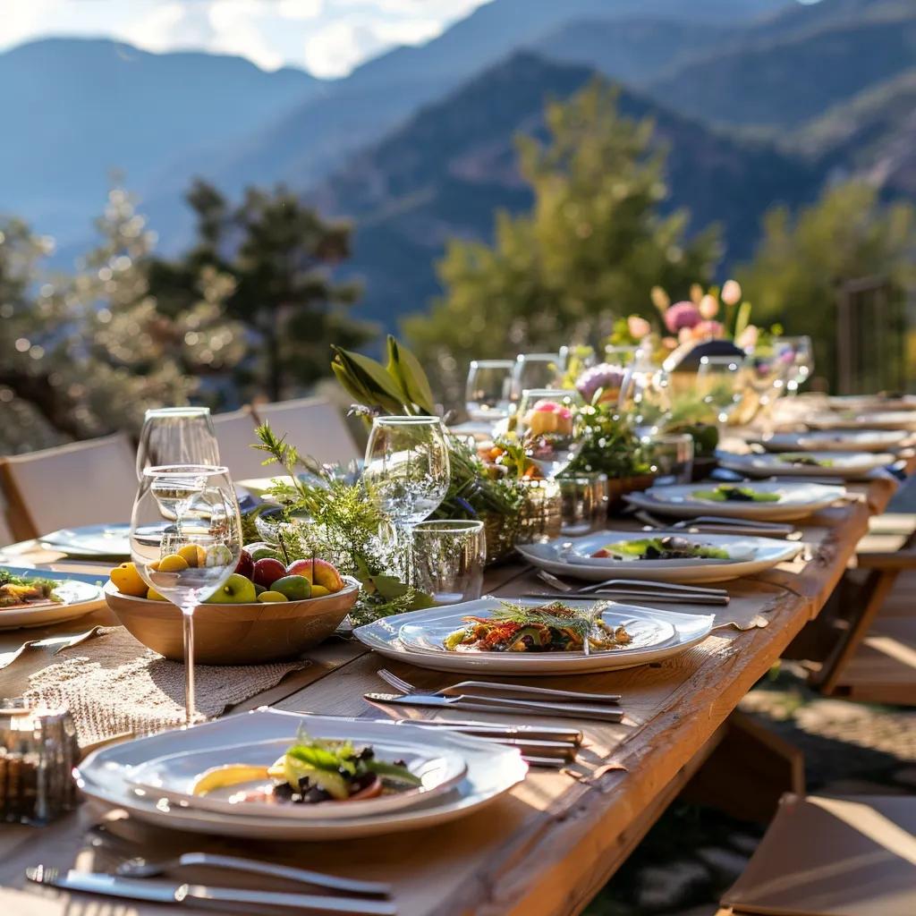 Outdoor dining setup with gourmet dishes at a luxury mountain retreat in Wyoming