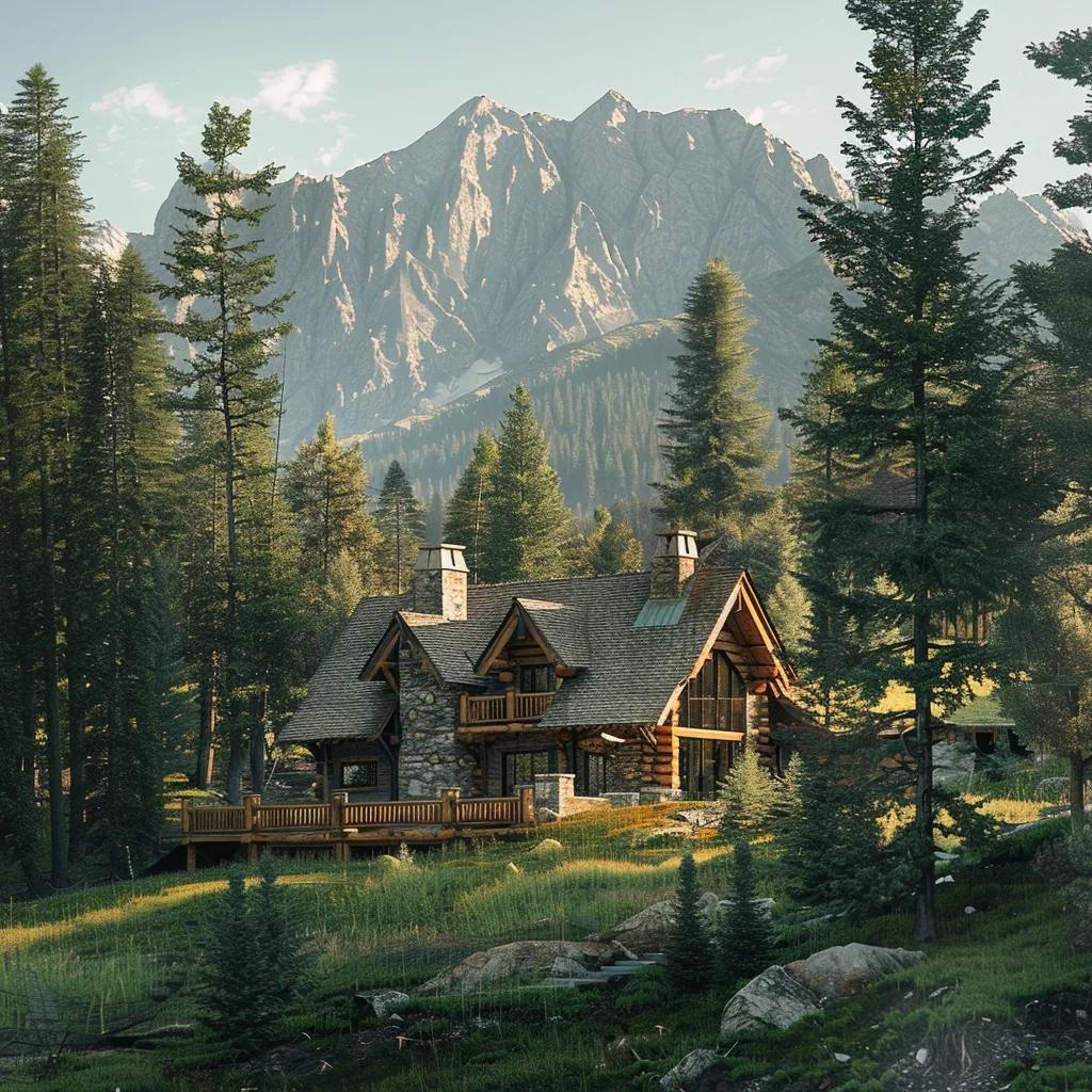 Luxury mountain retreat cabin in Wyoming surrounded by pine trees and mountains